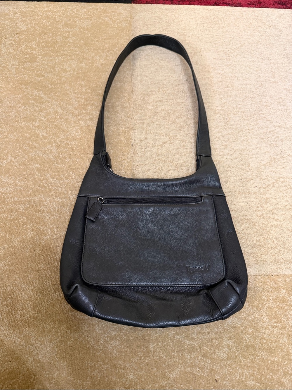 Tignanello Black Pebbled Leather Hobo Shoulder Bag Front Zip Pocket